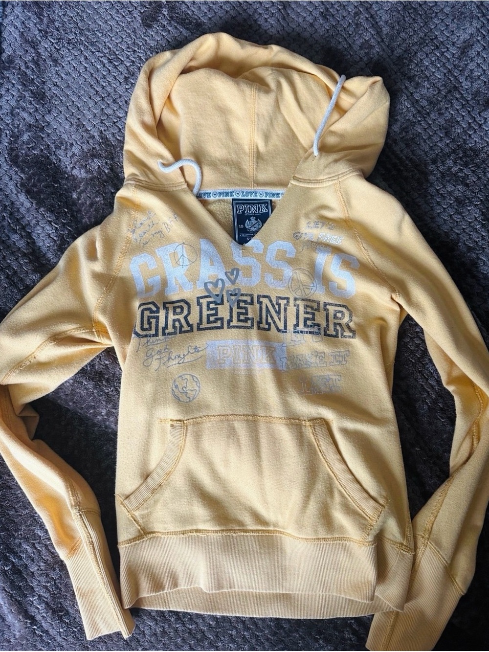 PINK Victoria's Secret Pale Yellow "Grass Is Greener" Hooded Sweatshirt